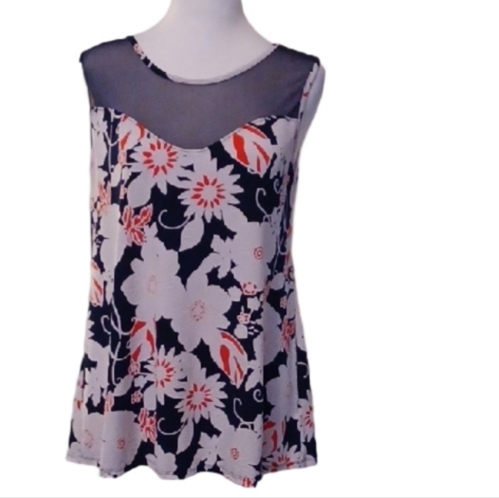 - SJS Floral Blouse with Sheer Black Yoke Women's Size Large
